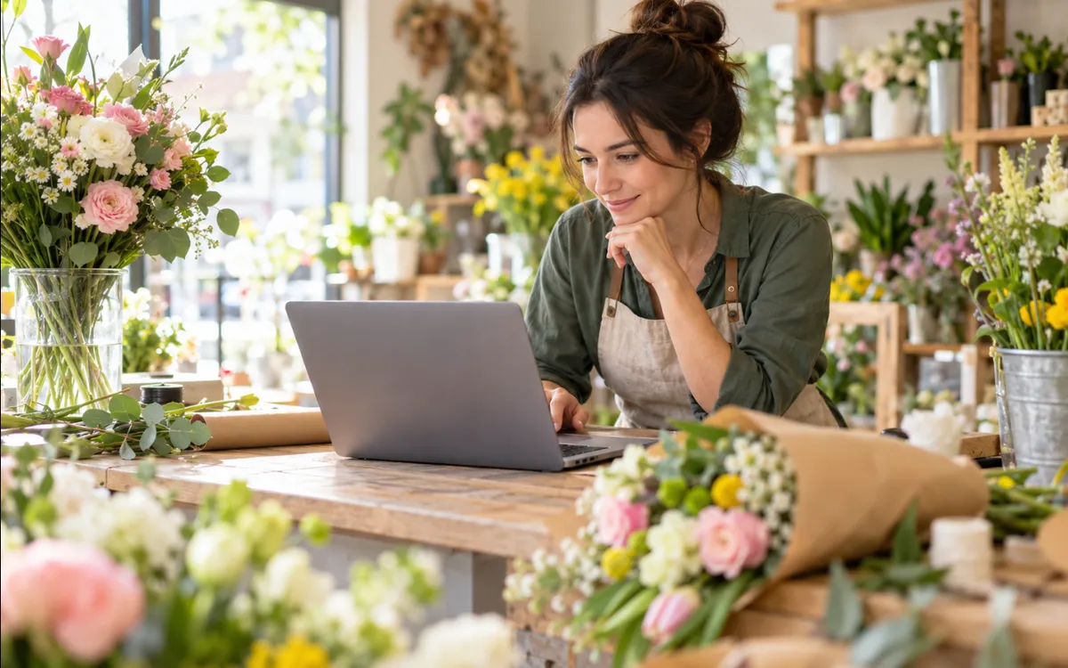 La dueña de una floristería revisa su portátil en el mostrador entre ramos de flores.