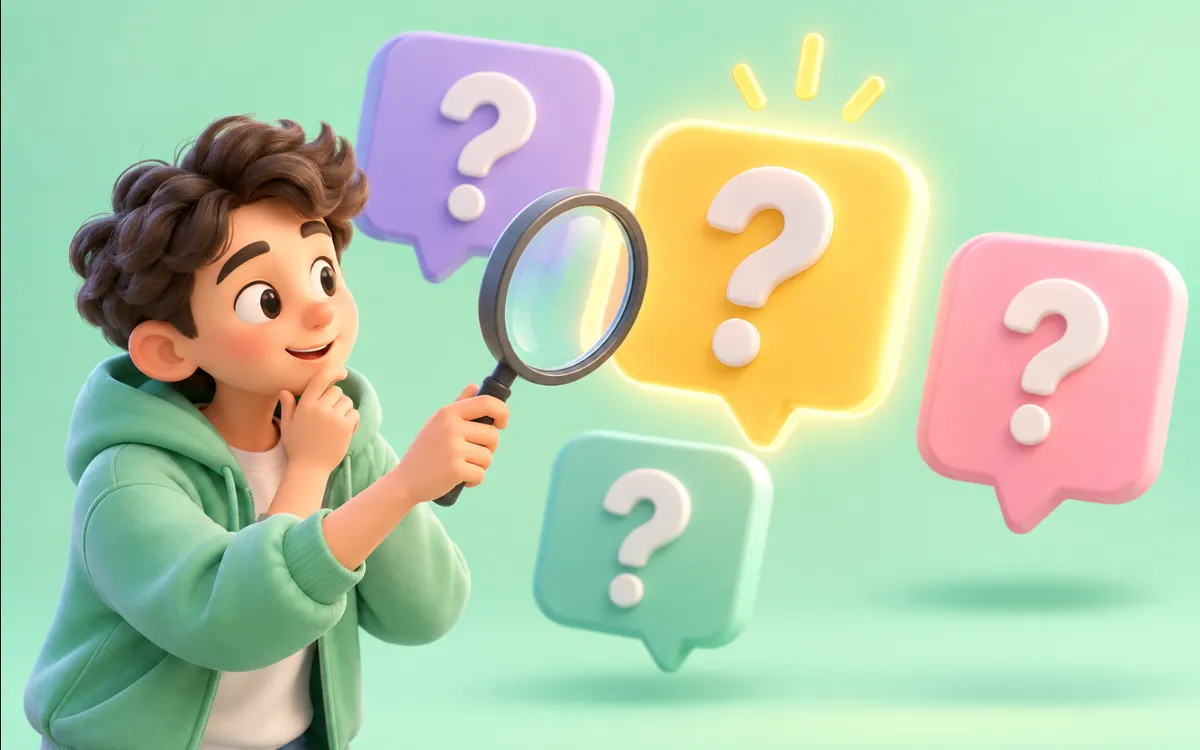 Ilustración 3D: un personaje con una lupa elige entre varias burbujas de pregunta.