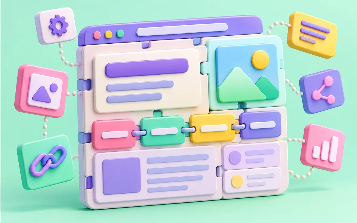 Ilustración 3D: una página web formada por piezas encajables de título, imagen, enlaces y etiquetas.