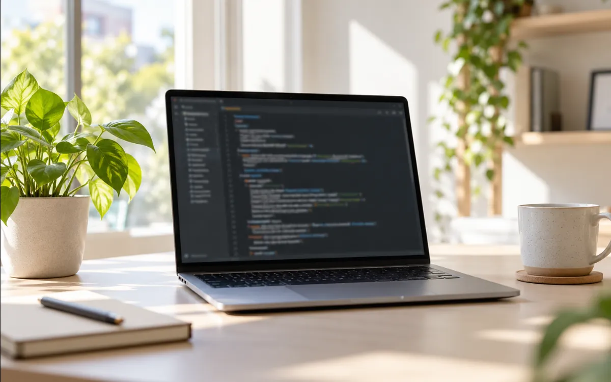 Un portátil en un escritorio luminoso con un archivo de configuración abierto en pantalla.
