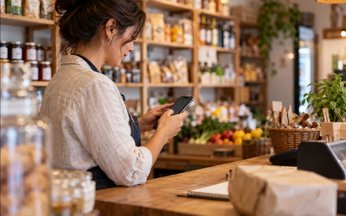 La dueña de una tienda actualiza en el móvil los datos de su negocio detrás del mostrador.