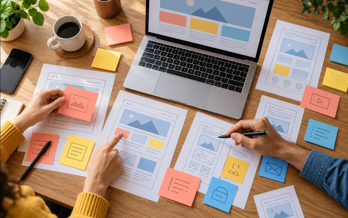 Dos personas planifican una web sobre una mesa con un portátil, bocetos y bloques de colores.