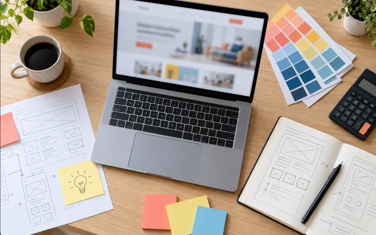Vista cenital de un escritorio de diseño con un portátil, bocetos de wireframes, muestras de color, notas adhesivas y una calculadora.