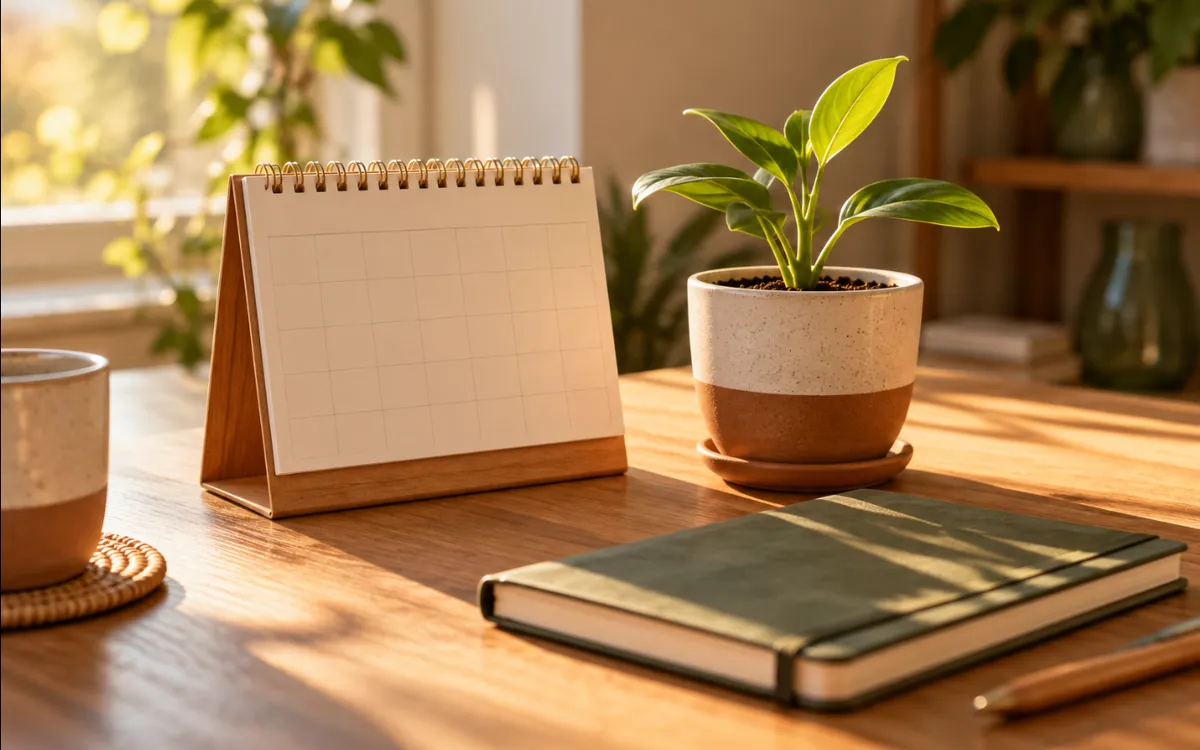 Un calendario de escritorio junto a una maceta con un brote que empieza a crecer.