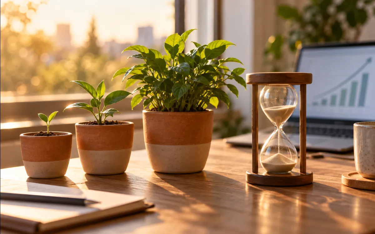 Tres macetas con plantas en distintas fases de crecimiento junto a un reloj de arena y un portátil con una gráfica ascendente.