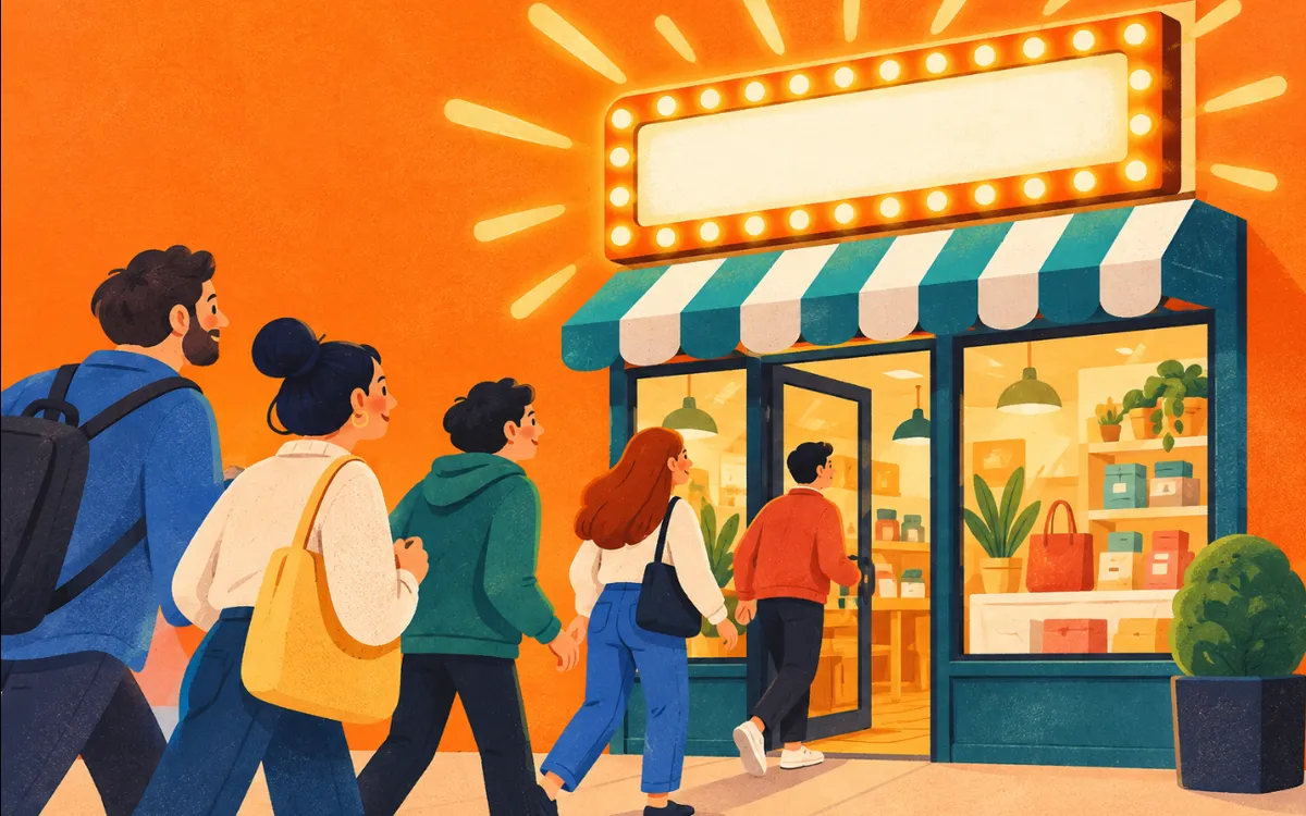 Ilustración: un escaparate con un cartel luminoso atrae a varias personas hacia la tienda.