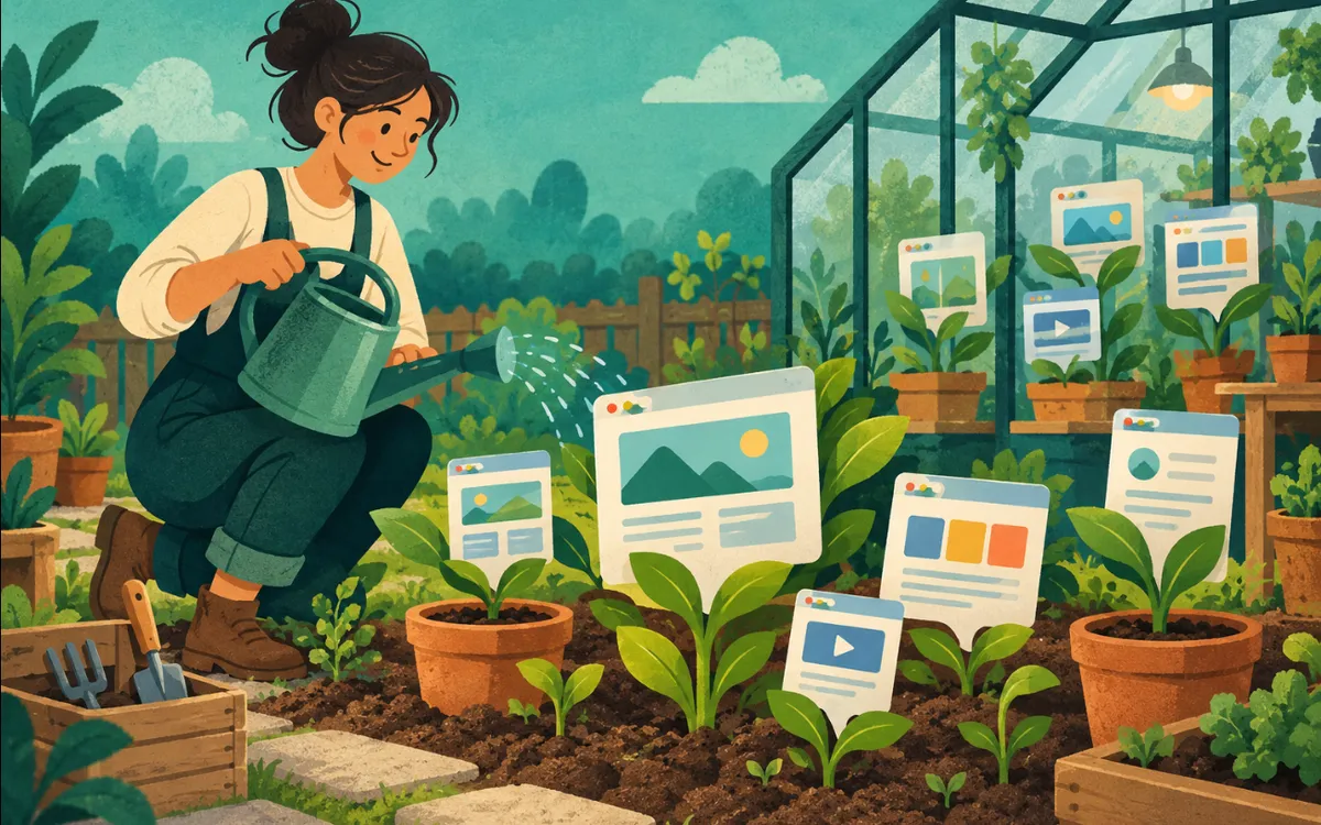 Ilustración: una persona cuida un huerto en el que crecen páginas web como plantas.