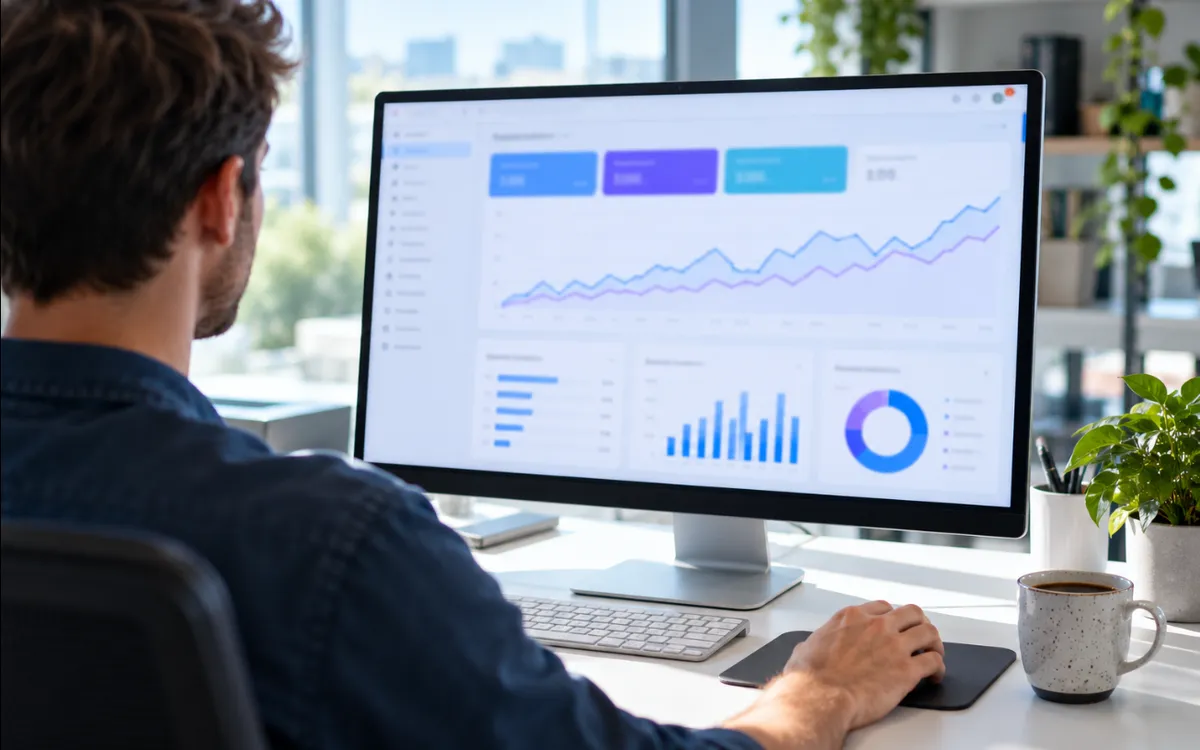 Una persona de espaldas revisa en un monitor un panel de analítica web con gráficas.