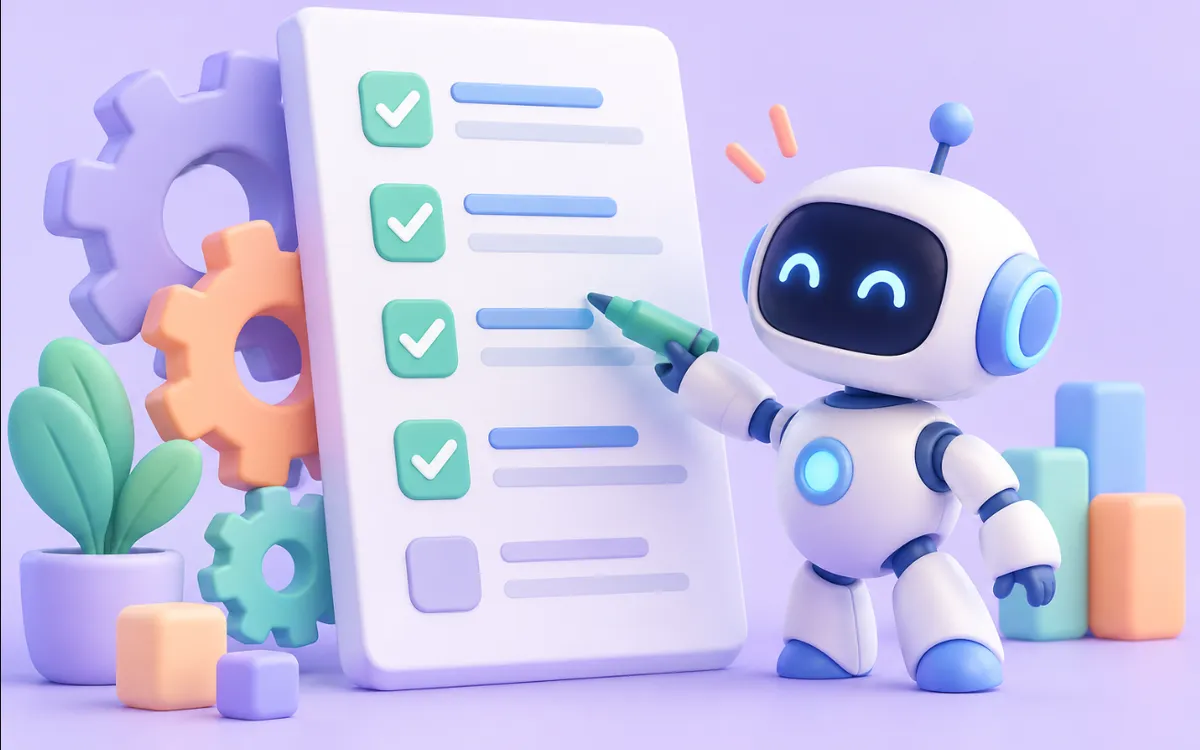 Ilustración 3D: un robot marca las tareas repetitivas de una lista mientras giran unos engranajes.