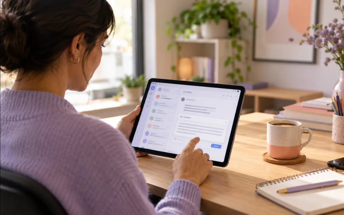 Una persona revisa en una tablet un borrador de respuesta antes de enviarlo.