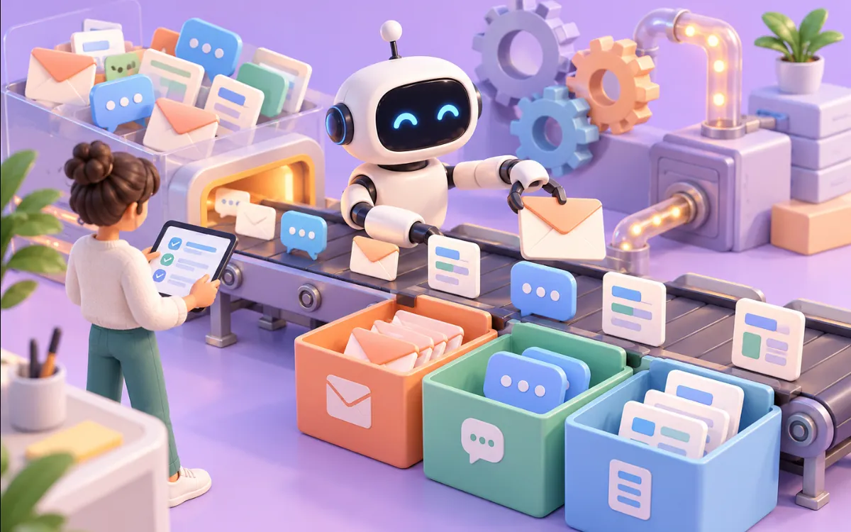 Ilustración 3D: un robot asistente clasifica correos, mensajes y formularios en una cinta transportadora mientras una persona lo revisa con una tablet.
