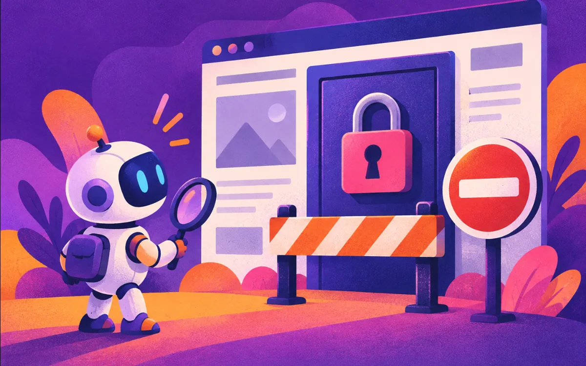 Ilustración: un robot buscador se queda frente a una puerta cerrada con candado delante de una web.