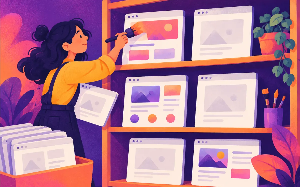Ilustración: un personaje rellena de contenido páginas web casi vacías en una estantería.