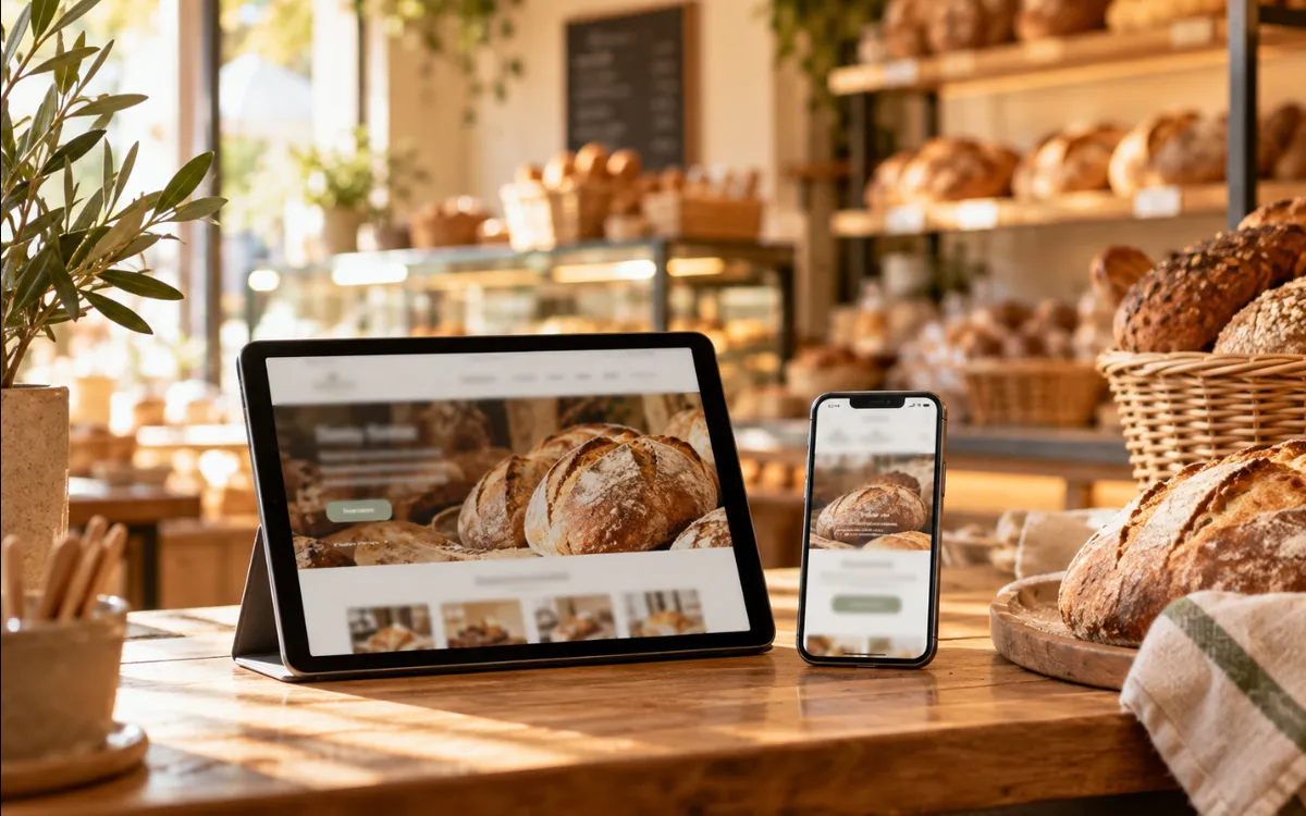 Una tablet y un móvil muestran la web de una panadería sobre su mostrador, con panes al fondo.