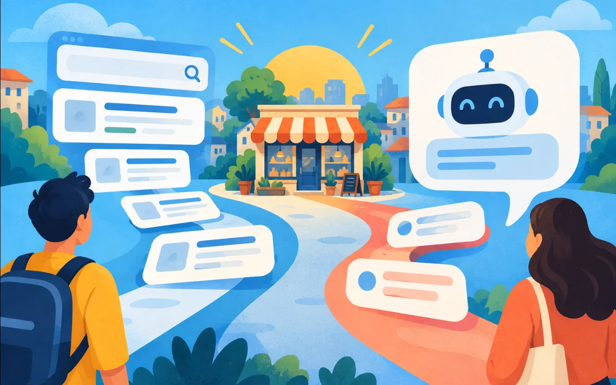 Ilustración: dos caminos, uno por una lista de resultados y otro por un chat de IA, llevan a la misma tienda.