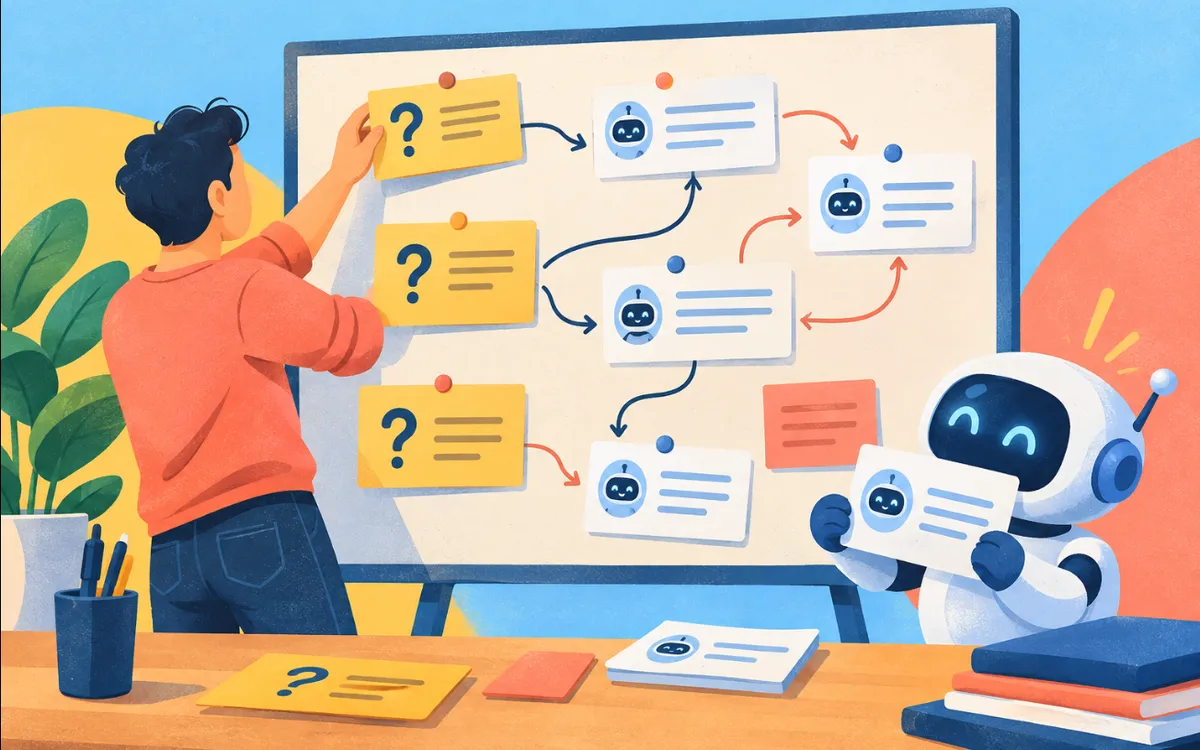 Ilustración: una persona ordena tarjetas de preguntas y respuestas en una pizarra mientras un robot las lee.