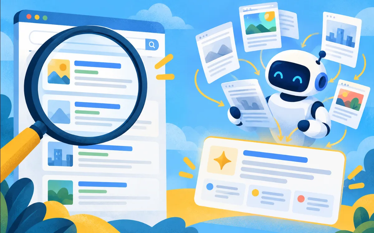 Ilustración: una lupa sobre una lista de resultados de búsqueda y, al lado, un robot que lee varias webs y entrega una única respuesta.
