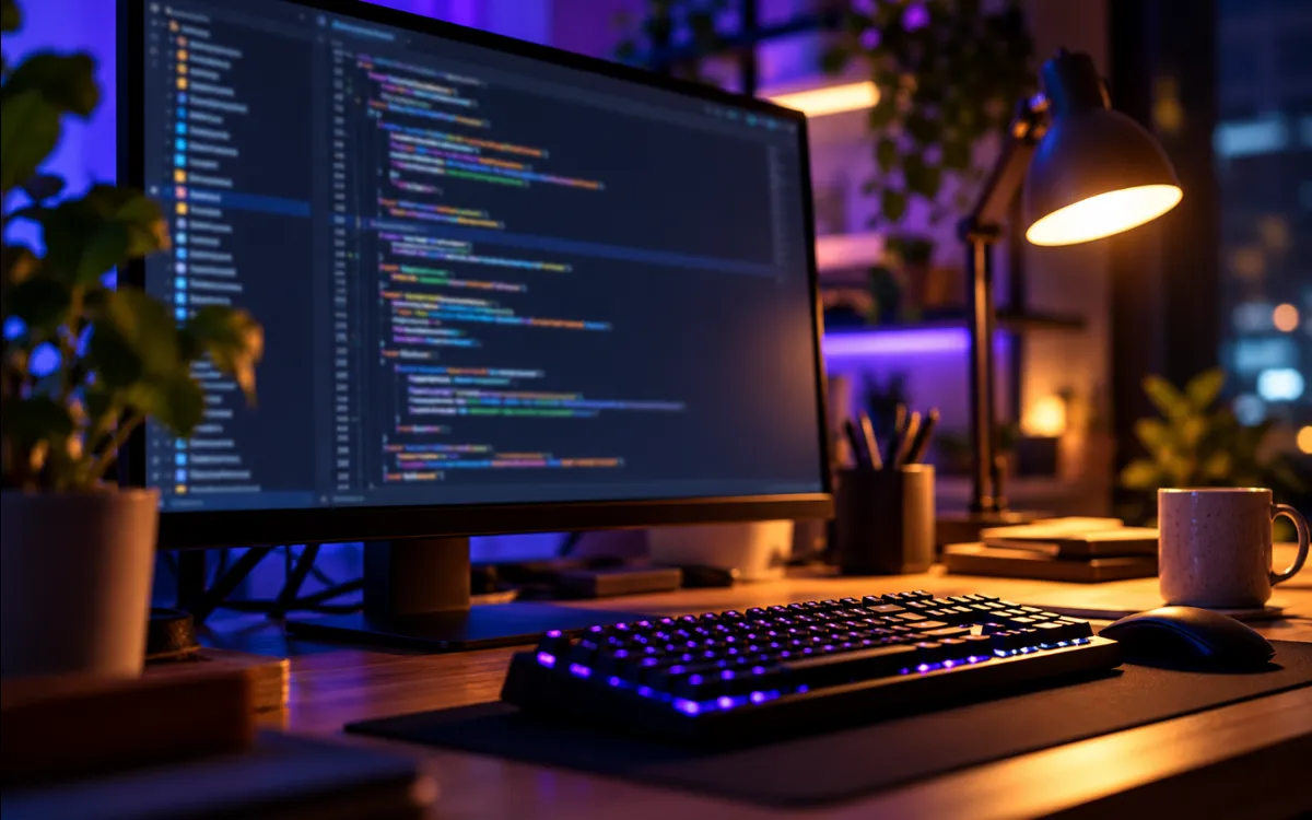 Escritorio de programación de noche con un monitor que muestra un editor de código y un teclado iluminado.