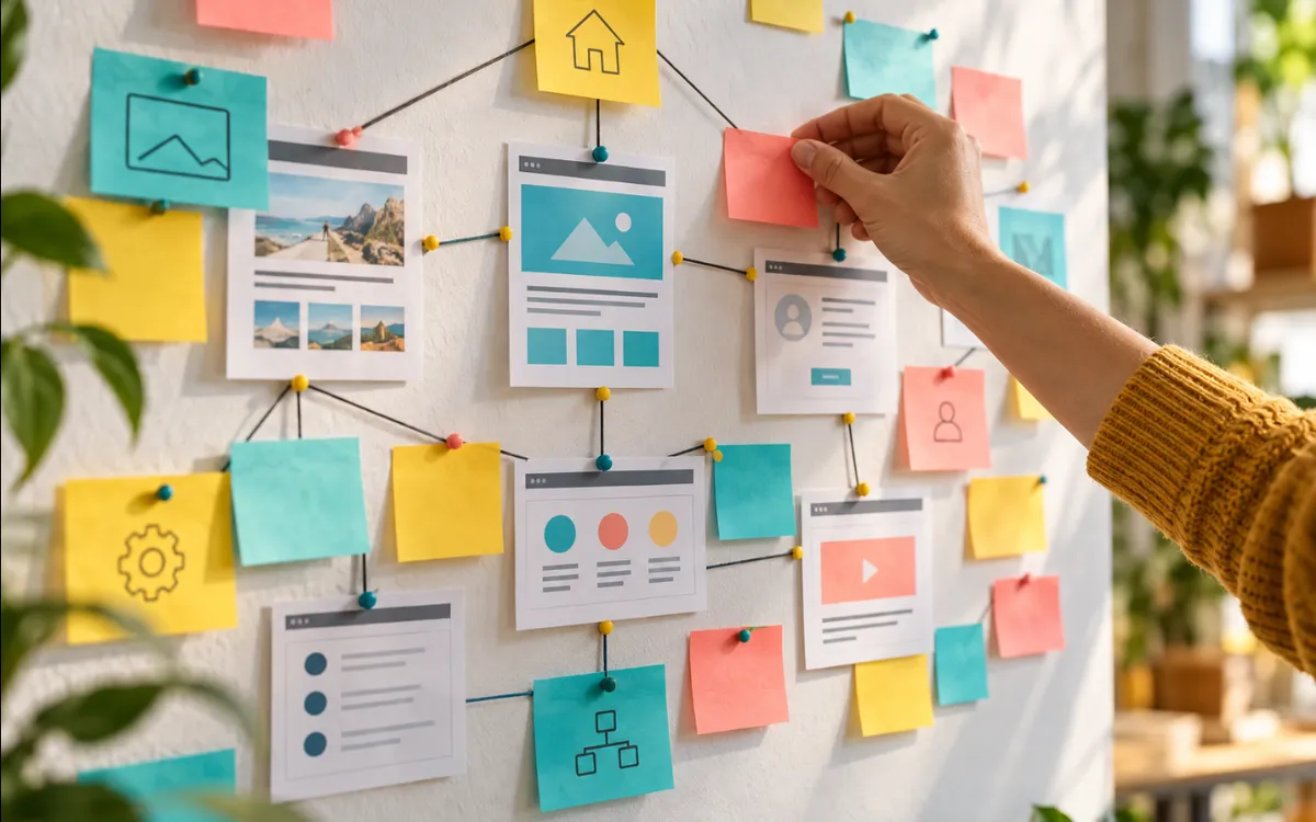 Una pared con notas adhesivas organizadas como el mapa de páginas de una web.