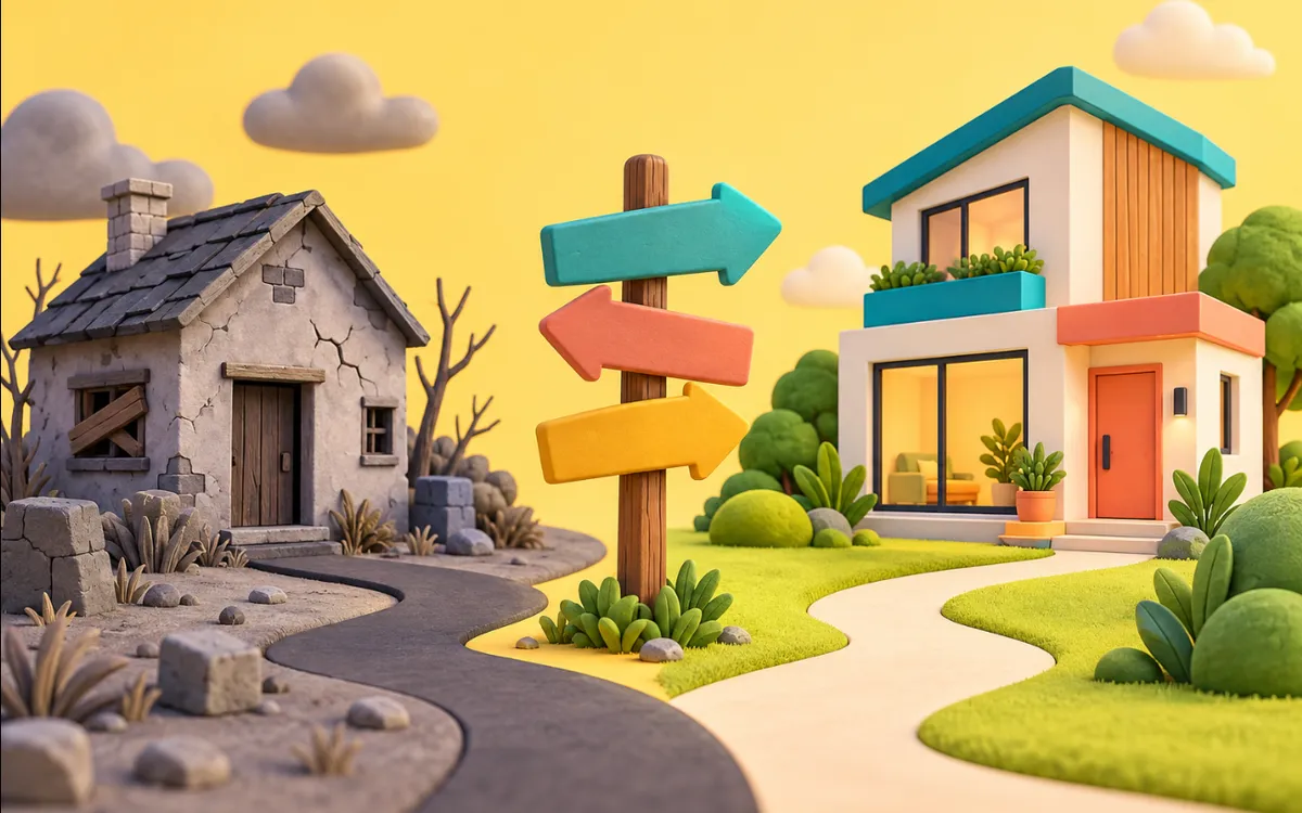 Ilustración 3D: carteles con flechas desvían los caminos de una casa vieja a una nueva.