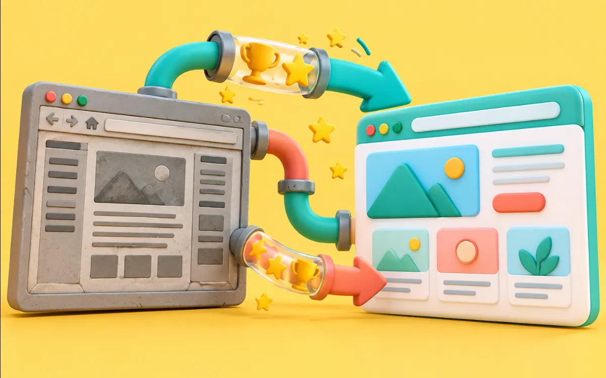 Ilustración 3D: una web antigua y gris conectada con tuberías y flechas a su versión rediseñada, que recibe estrellas y trofeos.