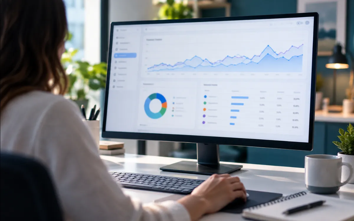 Un monitor muestra un panel de analítica web con gráficas y fuentes de visitas.