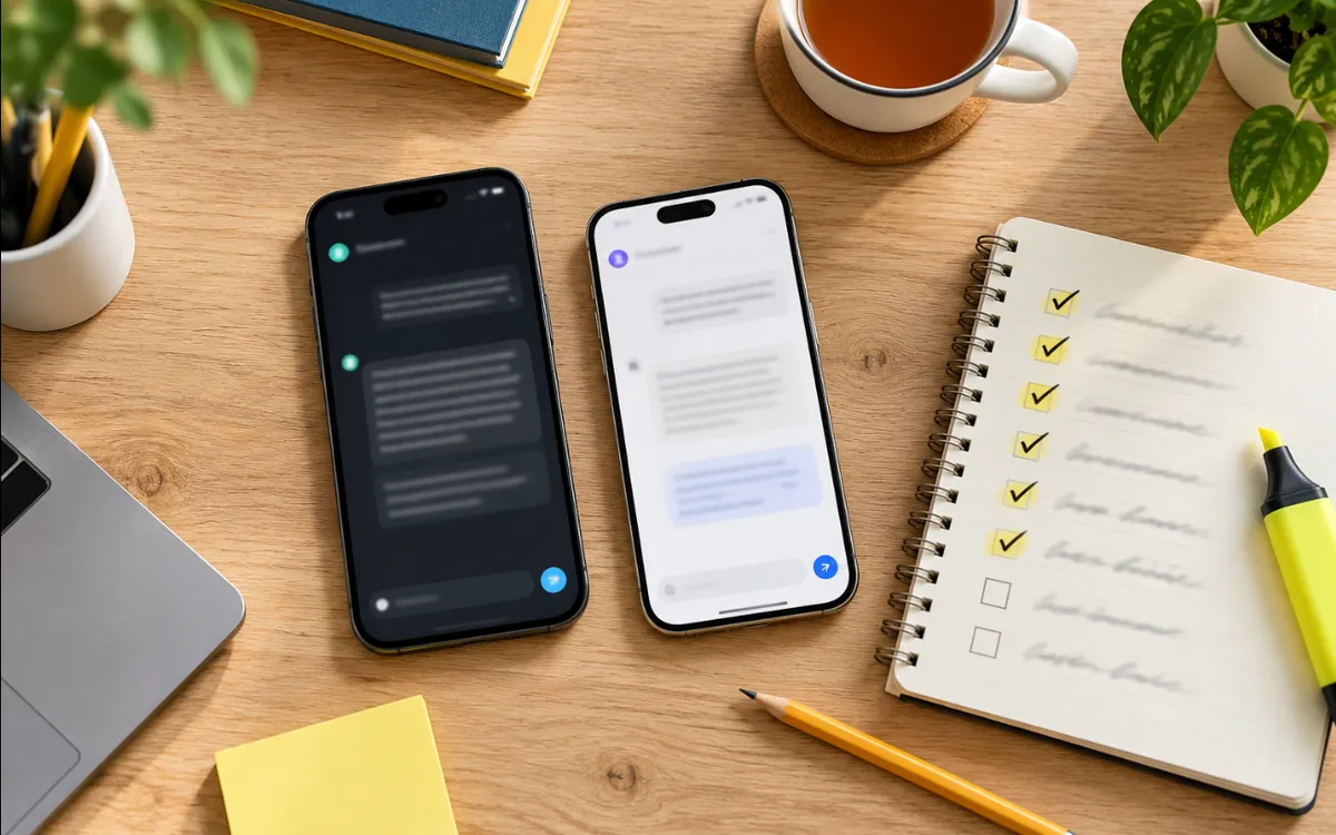 Vista cenital de dos móviles con apps de chat con IA junto a una libreta con una lista de comprobación marcada.