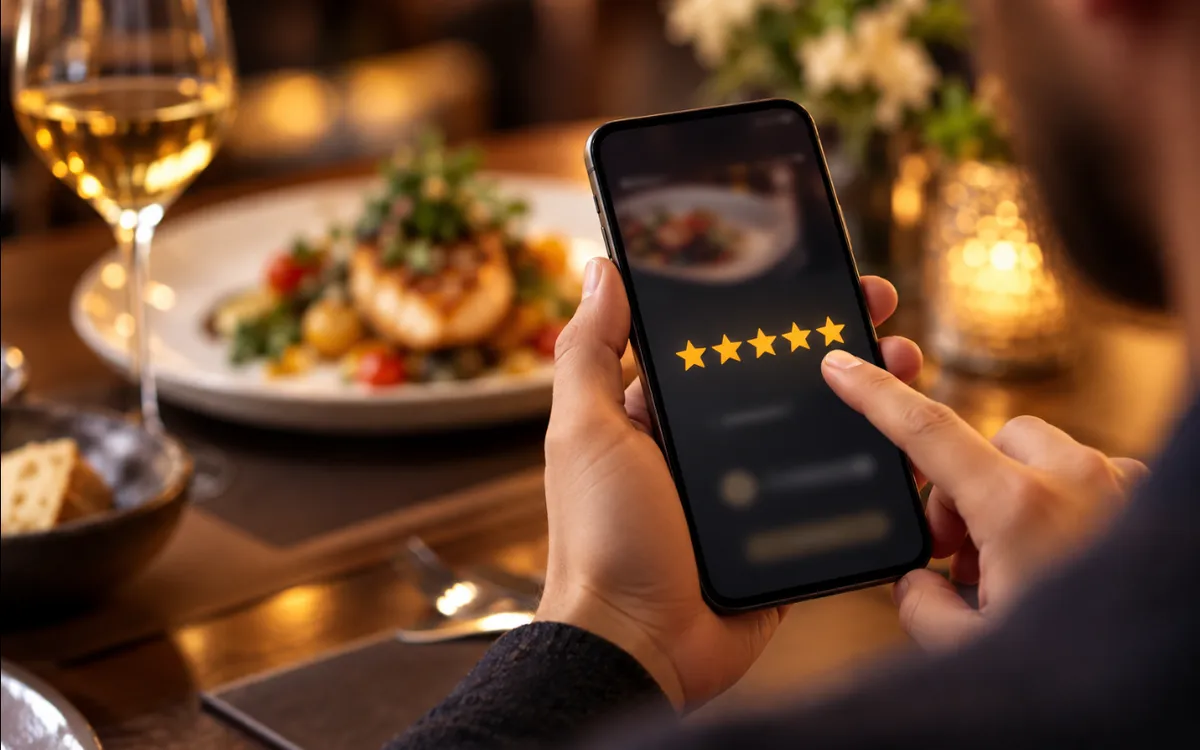 Un cliente deja una valoración de cinco estrellas en el móvil en la mesa de un restaurante.