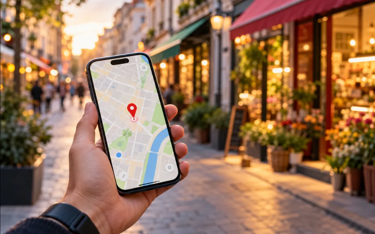 Una mano sostiene un móvil con un mapa y un marcador de ubicación en una calle comercial con tiendas al atardecer.