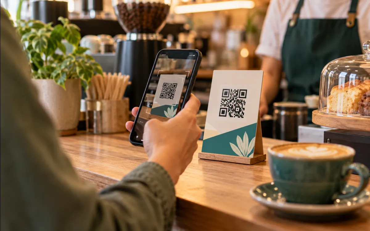 Un cliente escanea con el móvil un código QR en el mostrador de una cafetería.