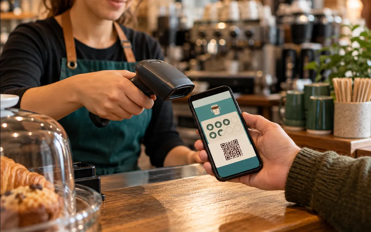 Una barista escanea la tarjeta de fidelización en el móvil de un cliente en la caja.