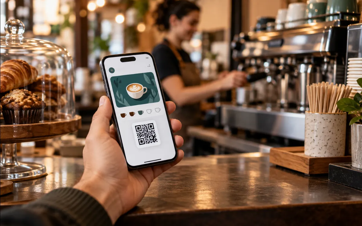Un cliente muestra en el mostrador de una cafetería un móvil con una tarjeta de fidelización de sellos y un código QR.