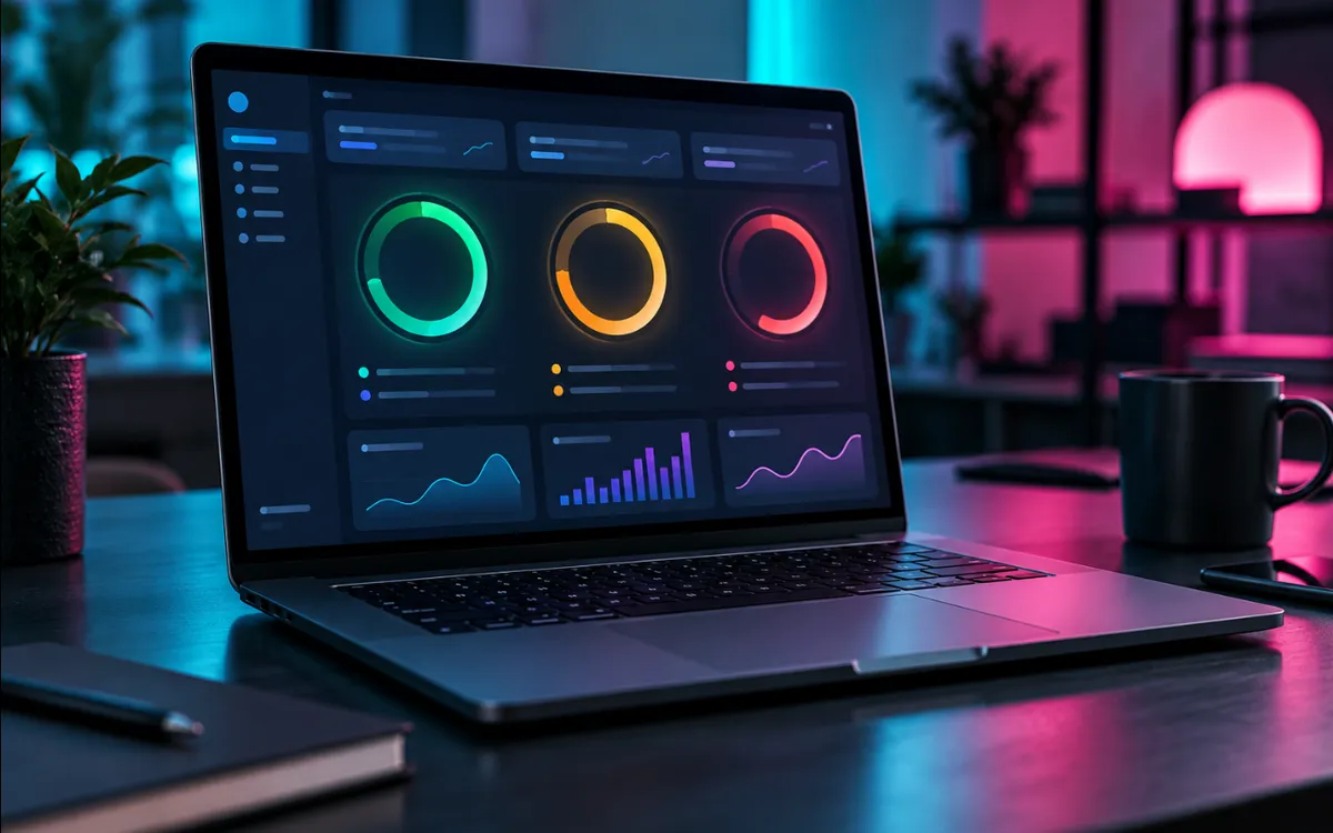 Un portátil muestra un informe de rendimiento web con indicadores de colores.
