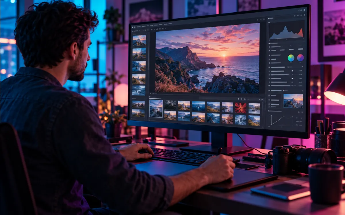 Un diseñador optimiza fotografías en un monitor con un editor de imágenes.