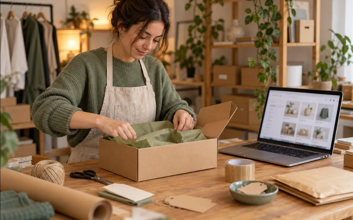 Una emprendedora empaqueta un pedido junto al portátil con su tienda online abierta.