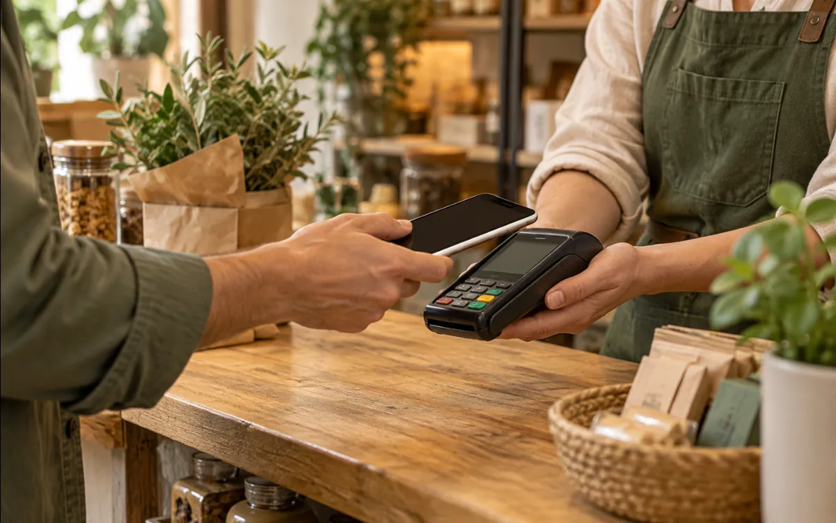 Un cliente paga sin contacto con el móvil en el datáfono de una tienda.