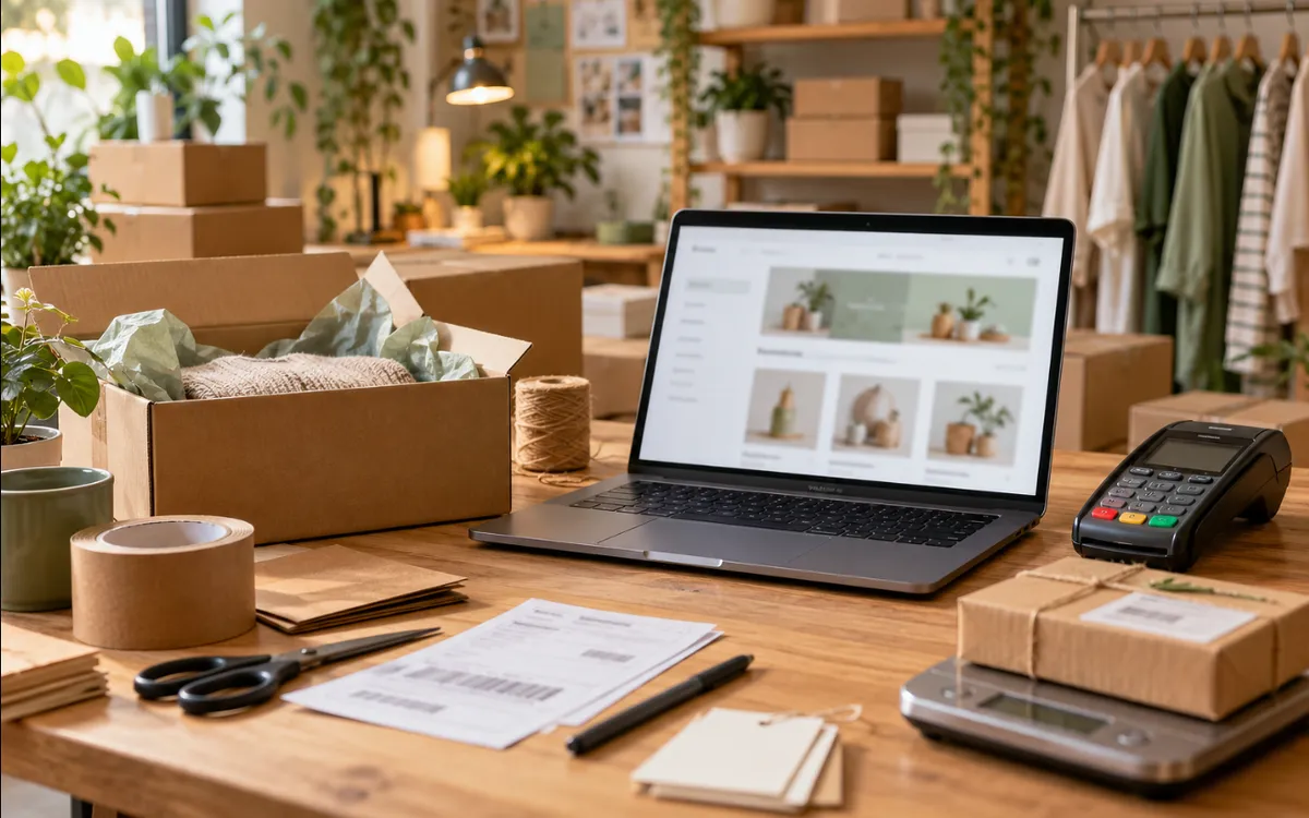 Mesa de trabajo de una tienda online con cajas de envío, un portátil con la tienda abierta, un datáfono y una báscula.