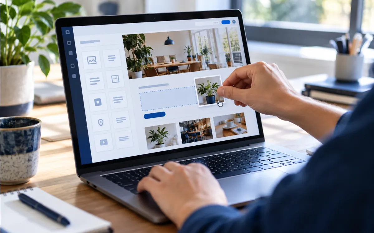 Una persona edita su web con un editor visual de bloques en un portátil.