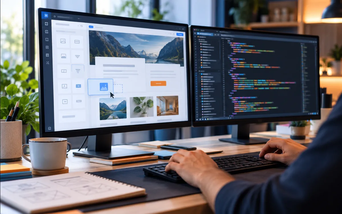 Dos monitores: uno con un editor visual de bloques y otro con un editor de código, y una mano sobre el teclado.